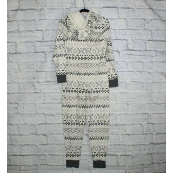 VICTORIA'S SECRET White Snowflakes Fleece Hooded Cozy Jumpsuit Size L - Picture 8 of 9